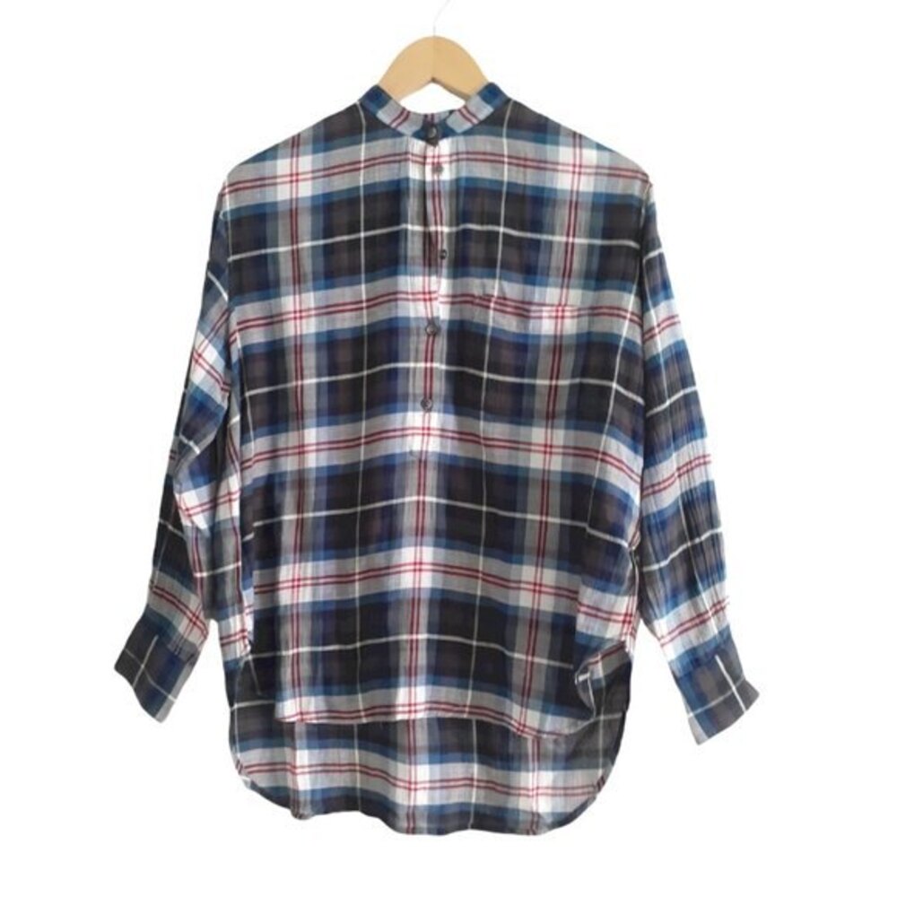 Madewell Wheaton Plaid Popover Tunic half Button Collarless Top XS